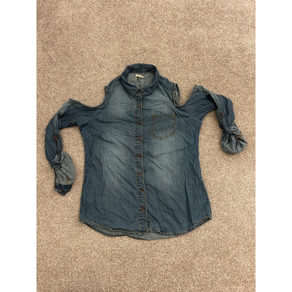 Yahada Denim Cold Shoulder Shirt Womens Medium Blue Excellent Western Boho Top‎